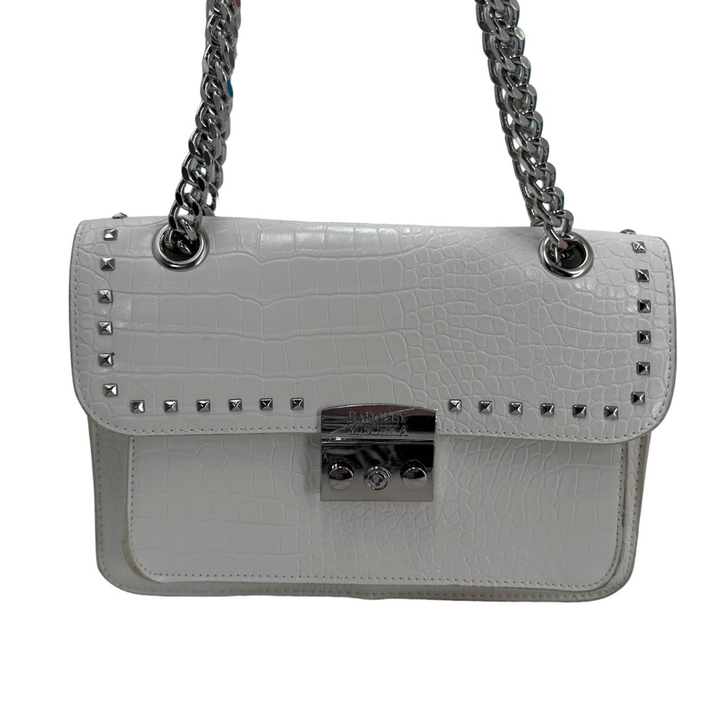Badgley Mischka Crossbody/Shoulder Chain White Vegan Leather Studded Croco Bag‎